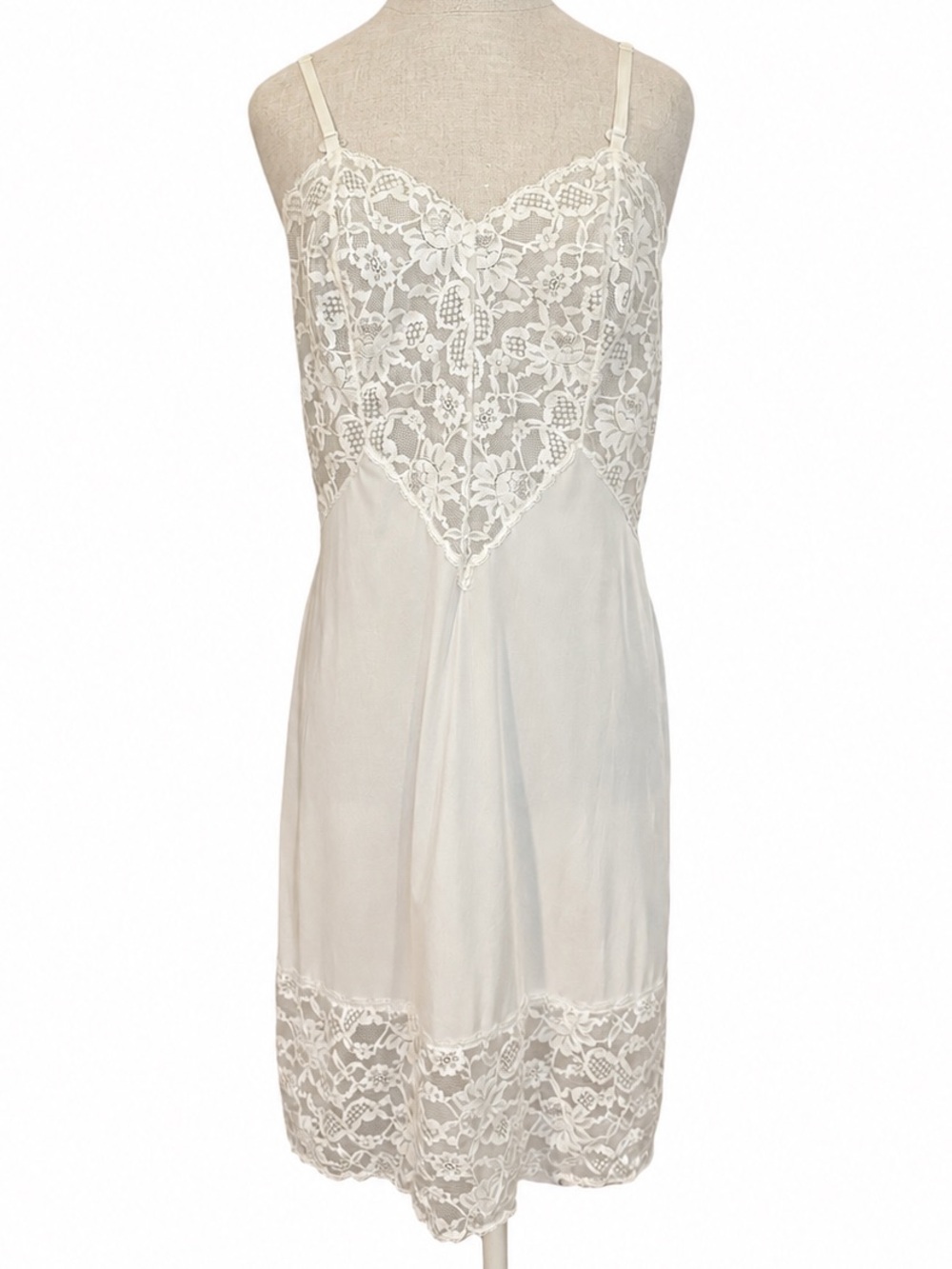 VTG 70s Vanity Fair Cream Full Slip Dress 36 Lace Bridal Lingerie Coquette USA